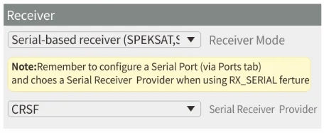 Betafpv ELRS Lite Receiver, Remember to configure Serial Port (via Ports tab) and choes Serial Receiver