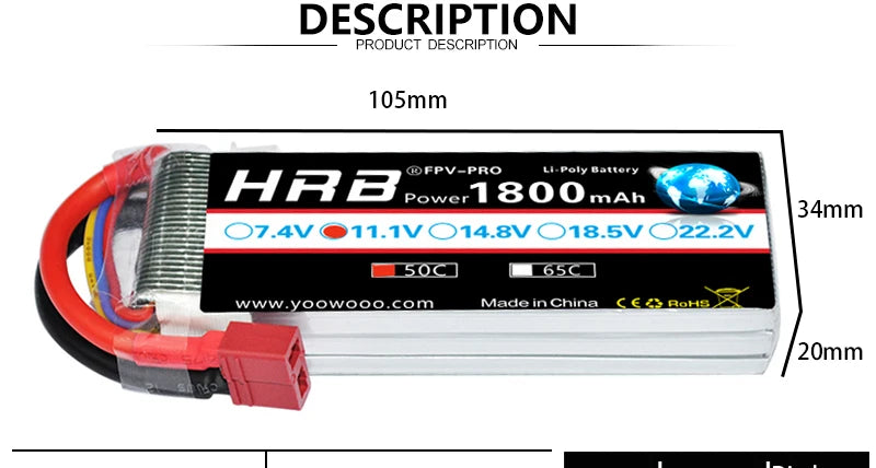 HRB 11.1V 1800mah 3S XT60 EC5 Lipo Battery, 105mm WFpv_Pro Foiy Wators HrB Power 800