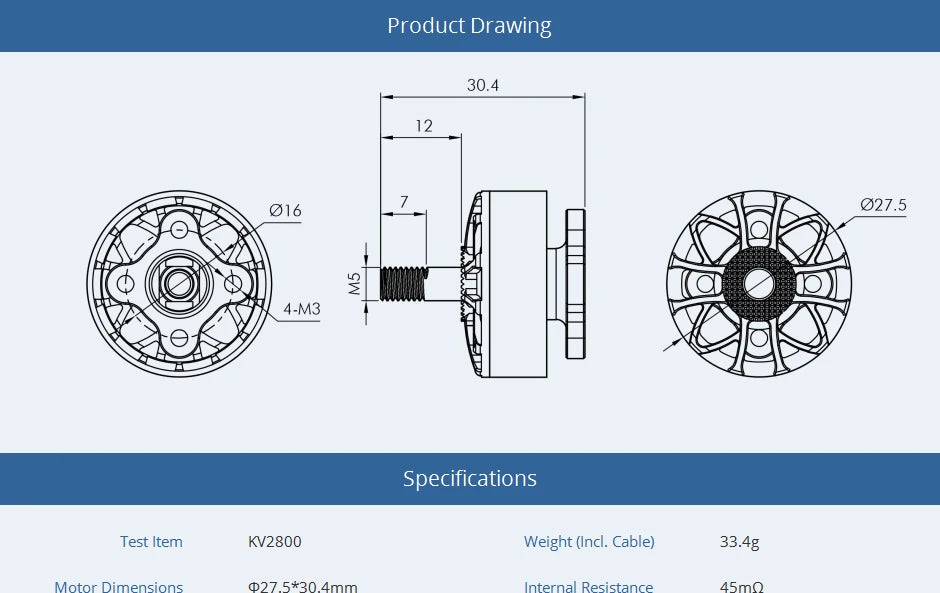 T-motor BLACK BIRD V2.0 Brushless Motor KV1950 KV2800 FPV Champion Co-brand for FPV Freestyle version Competition Racing Drone 7 T-motor, Product Drawing 30. 027.5 4-M3 Specifications Test Item Kv2800 Weight