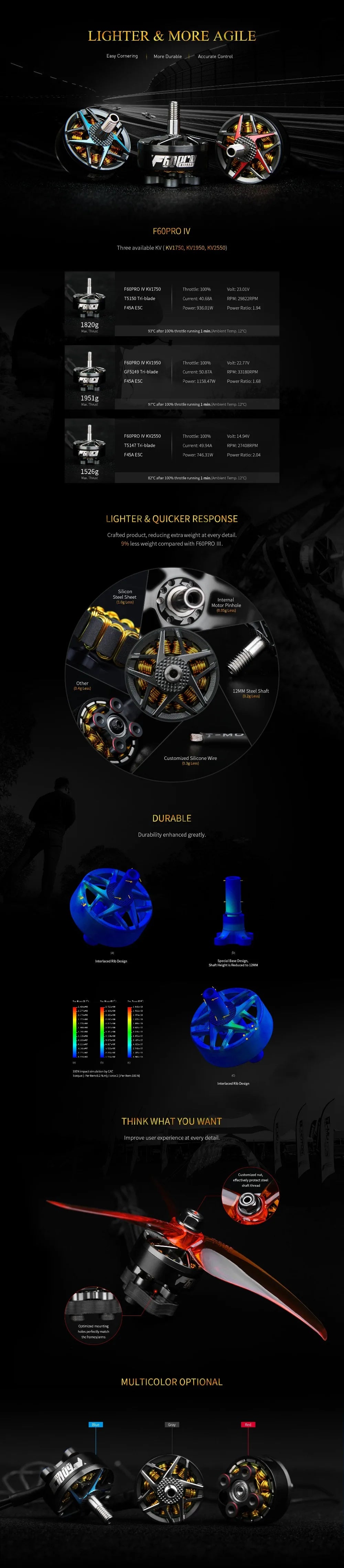 4pcs/lot T-motor F60 Pro IV - 2207 1950KV 2550KV 5-6S Brushless Motor T5146 T5150 Props for RC FPV Racing Drone 7 4pcs/lot T-motor, FGOPRO IV KV17SO Throttle: 100% Volt: 23.01