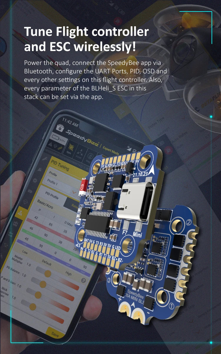 SpeedyBee F7 Stack, Tune Flight controller and ESC wirelesslyl Power the quad, connect the SpeedyBe