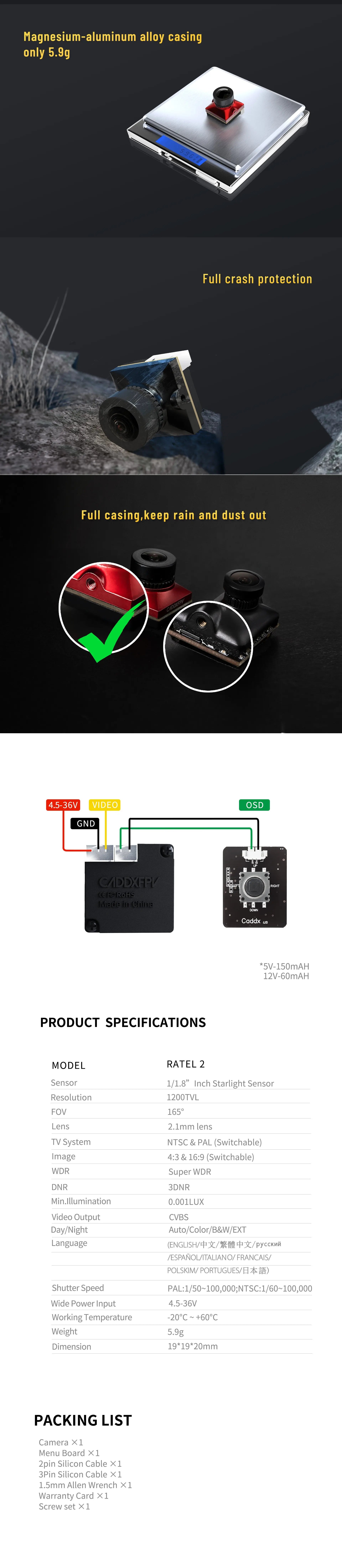 Caddx Ratel 2 Caddxfpv Micro Size Starlight Low Latency Freestyle FPV Camera In Stock 11 4.5-36V VIDEO OSD GND CADDXFPY