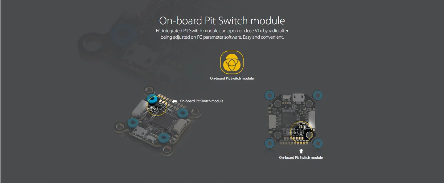 Hobbywing XRotor F7 Flight Controller, FCintegrated Pit Switch module can open or close VTx by radio after being adjusted on