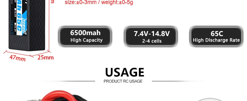 Yowoo Graphene Lipo Battery, size:tO-3mm weignt:+0-5g 6500mah