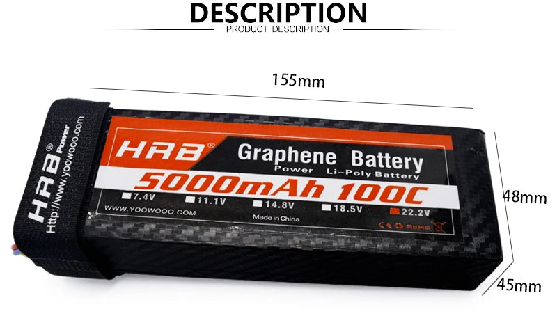HRB 22.2V 5000mah Graphene 6S Lipo Battery, 155mm HAZ Graphene Botto Z.aV 'opom