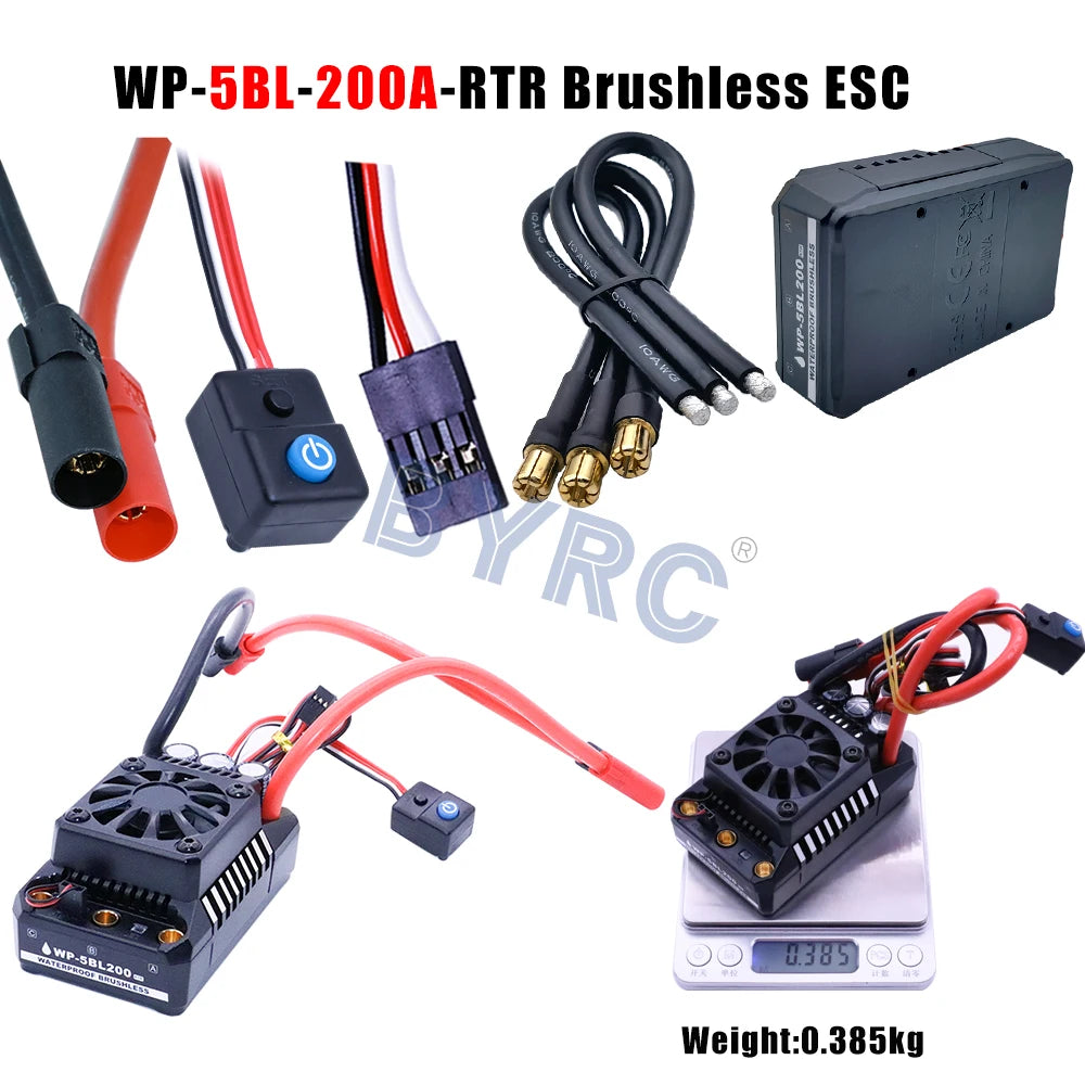 Waterproof brushless ESC for 1/10 to 1/6 RC cars with a weight of approximately 0.385 kg.
