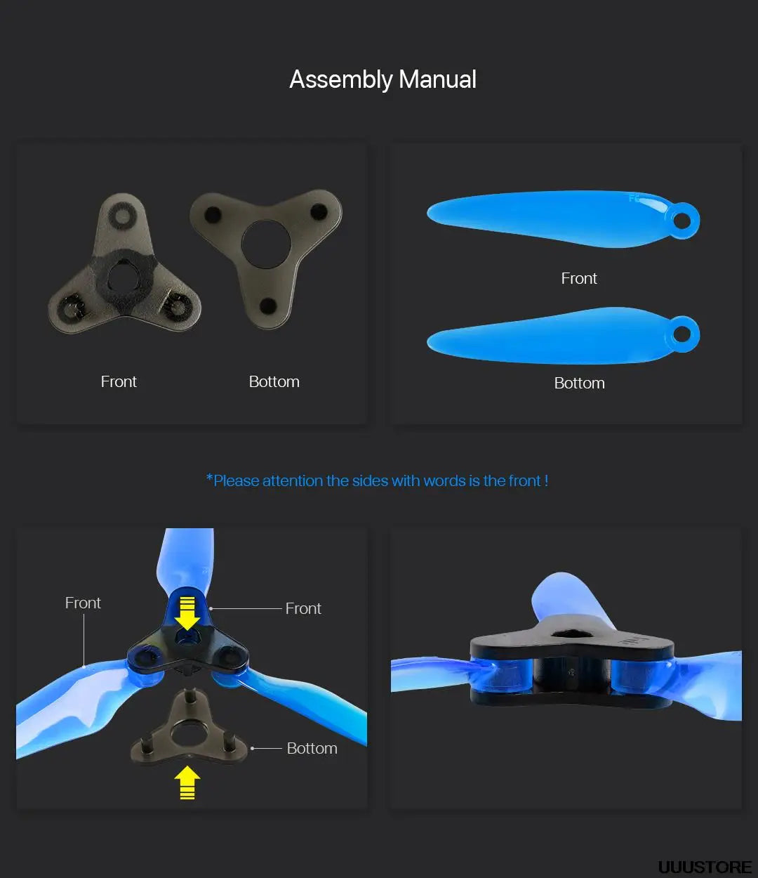 Assembly Manual Front Front Bottom Bottom Attention the sides with words is the front !