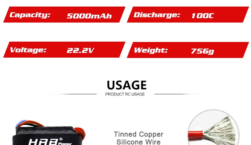 HRB 22.2V 5000mah Graphene 6S Lipo Battery. capacity: sooomAh Discharge: 1ooc Voltage: 22.2V