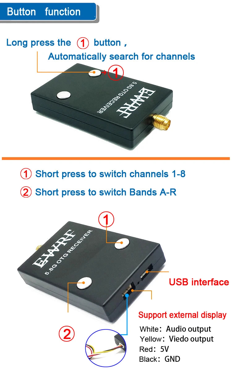 5.8Ghz 48CH 2W VTX, Button function Long press the button to search for channels Short press to switch channels 1-8 Short