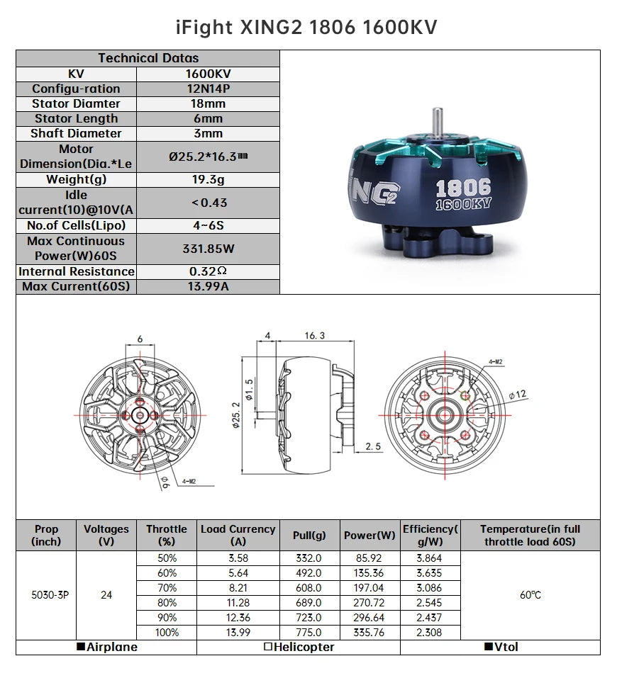 iFlight XING2 1806 1600KV / 2500KV 4-6S FPV Motor, iFight XING2 1806 1600KV Technical Datas KV 7