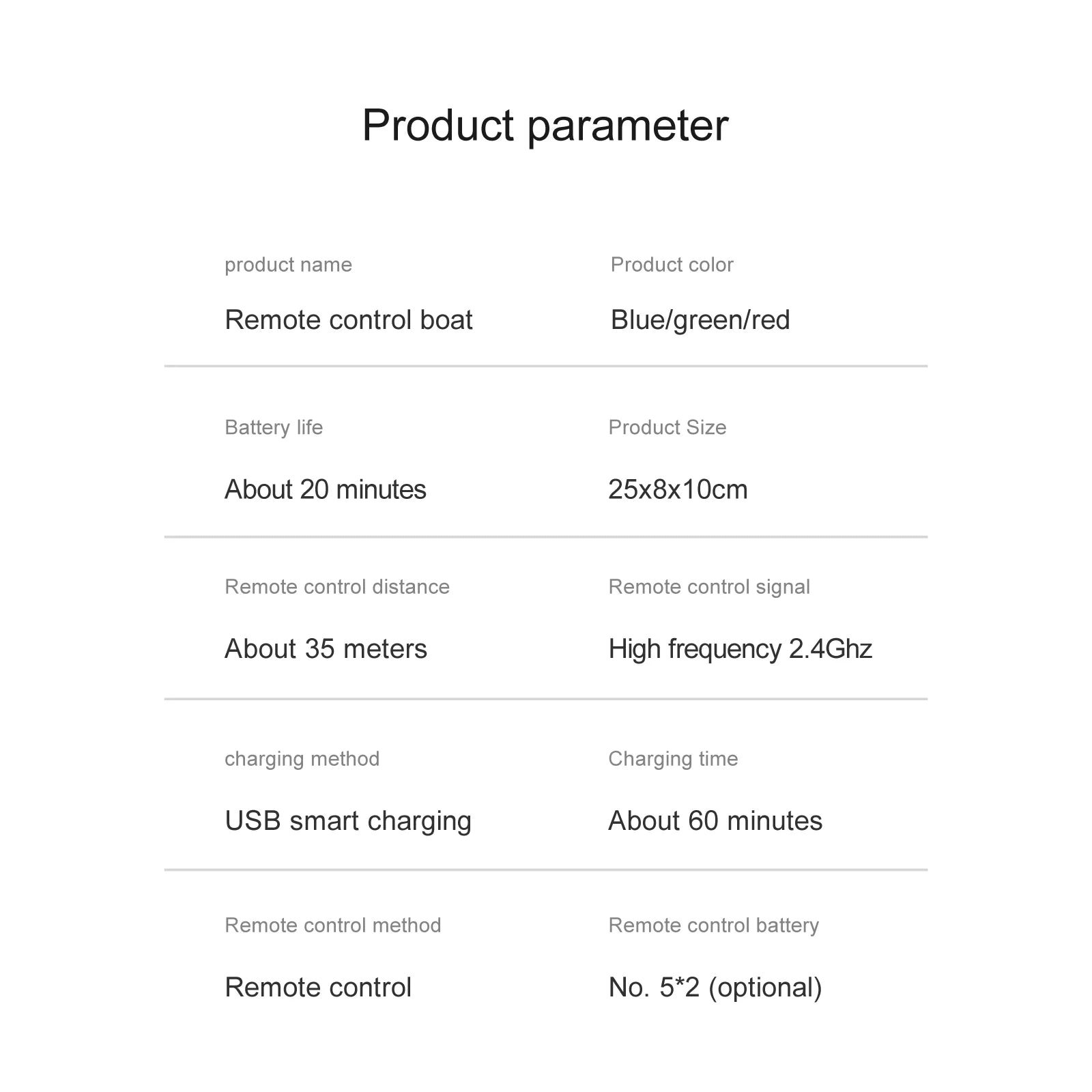 Rc Boat 2.4G High Speed 20km/h Remote Control Speed Boat Rechargeable Waterproof Anti-collision Protection Toys for Children 35 Rc Boat, Product parameter product name Product color Remote control boat Bluelgreenlred Battery life Product size About