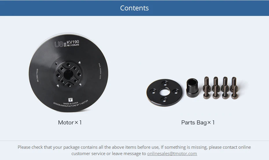 T-motor, If something is missing please contact online customer service or leave message to onlinesales@tmotor