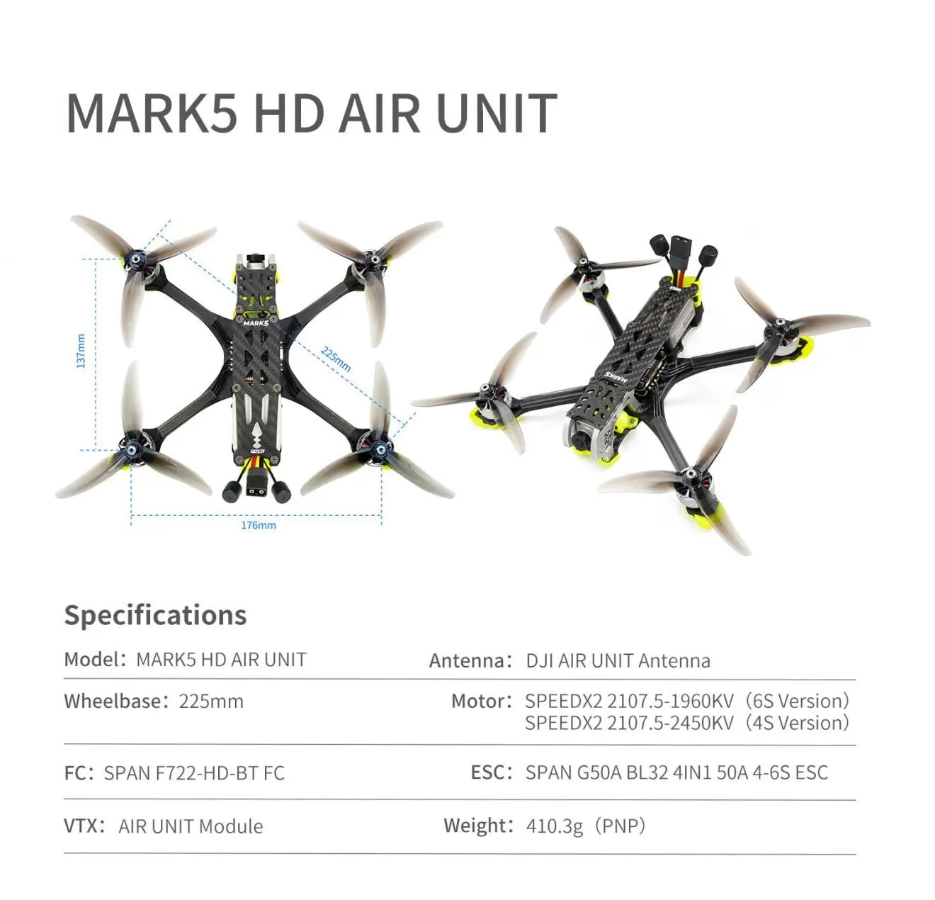 GEPRC MARK5 HD Vista Freestyle FPV, MARKS HD AIR UNIT Maet 1 176mm Specifications Model: