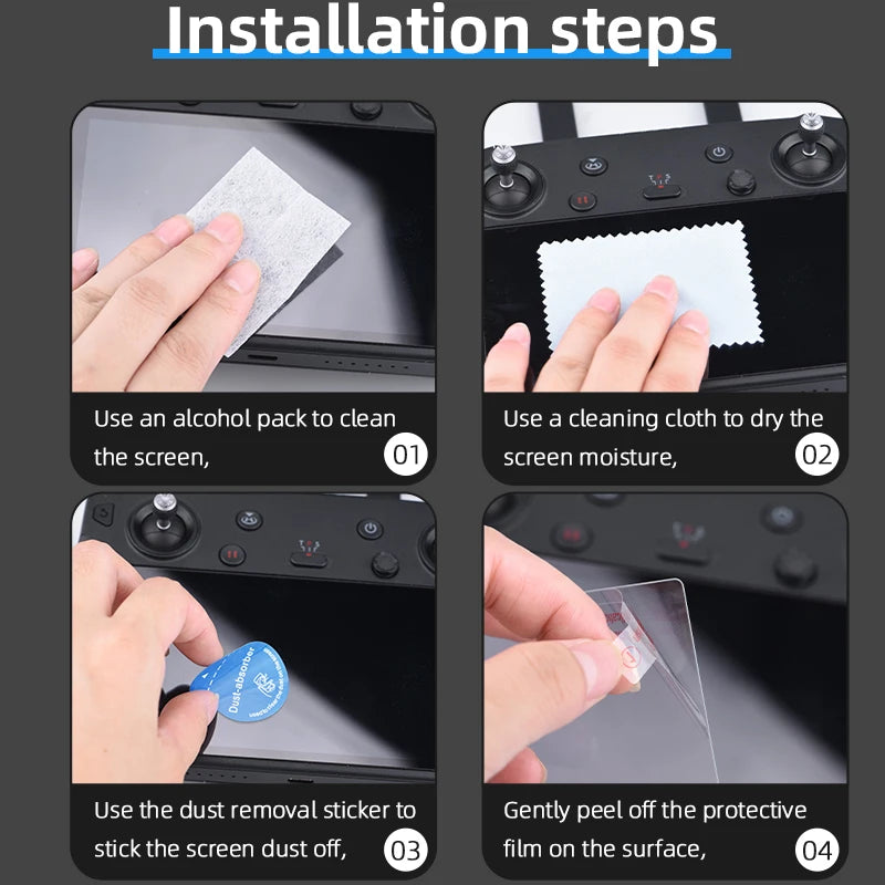 installation steps Use an alcohol pack to clean Use a cleaning cloth to dry the the screen,