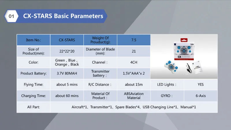 Skymaker CX-STARS World Smallest Drone, cx-stars basic parameters item no: (mm)