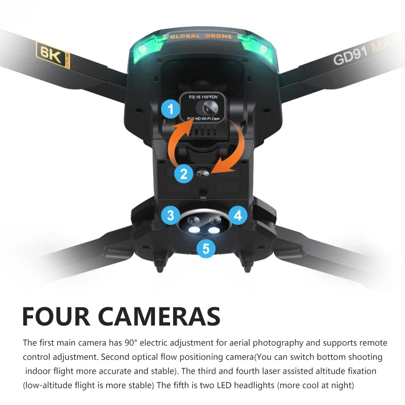 GD91 Max Drone, the first main camera has 90" electric adjustment for aerial photography . the third and fourth laser