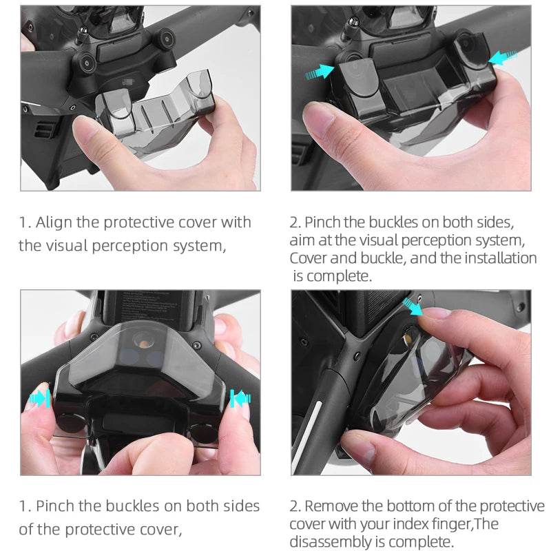 1. Align the protective cover with 2. Pinch the buckles on both sides, the visual