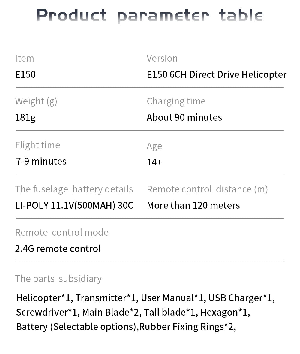 Eachine E150 RC Helicopter, E15o E150 6CH Direct Drive Helicopter Weight (g) Charging time