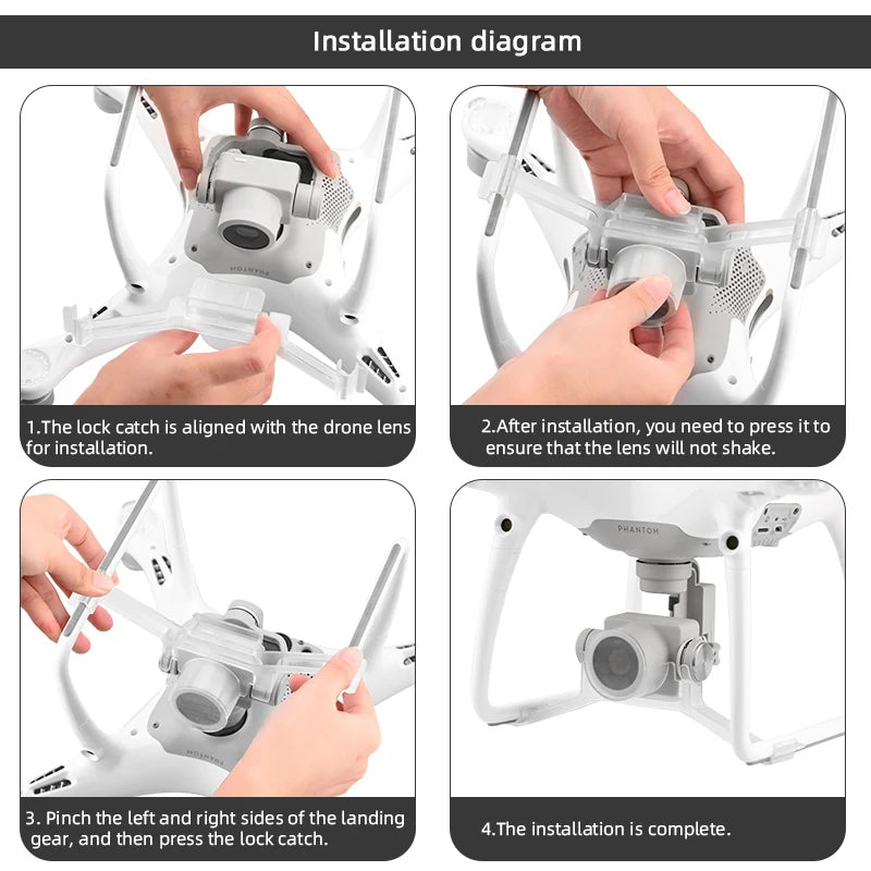 For DJI Phantom 4 PRO Gimbal Camera Lens Protection Cover Gimbal Lock Holder for DJI Phantom 4 Pro Drone Accessories 13 installation diagram The lock catch is aligned with the drone lens 2 After installation, you need