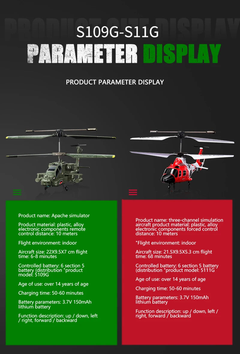 SYMA S111G/S109G Rc Helicopter, mmami S1O9G-S1IG nomanit PARAMETER