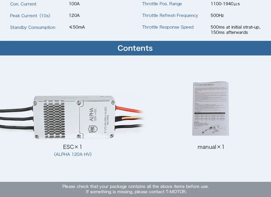 T-motor ALPHA 120A HV ESC, IOOA Throttle Pos. Range 100-1940us Peak Current (1Os)