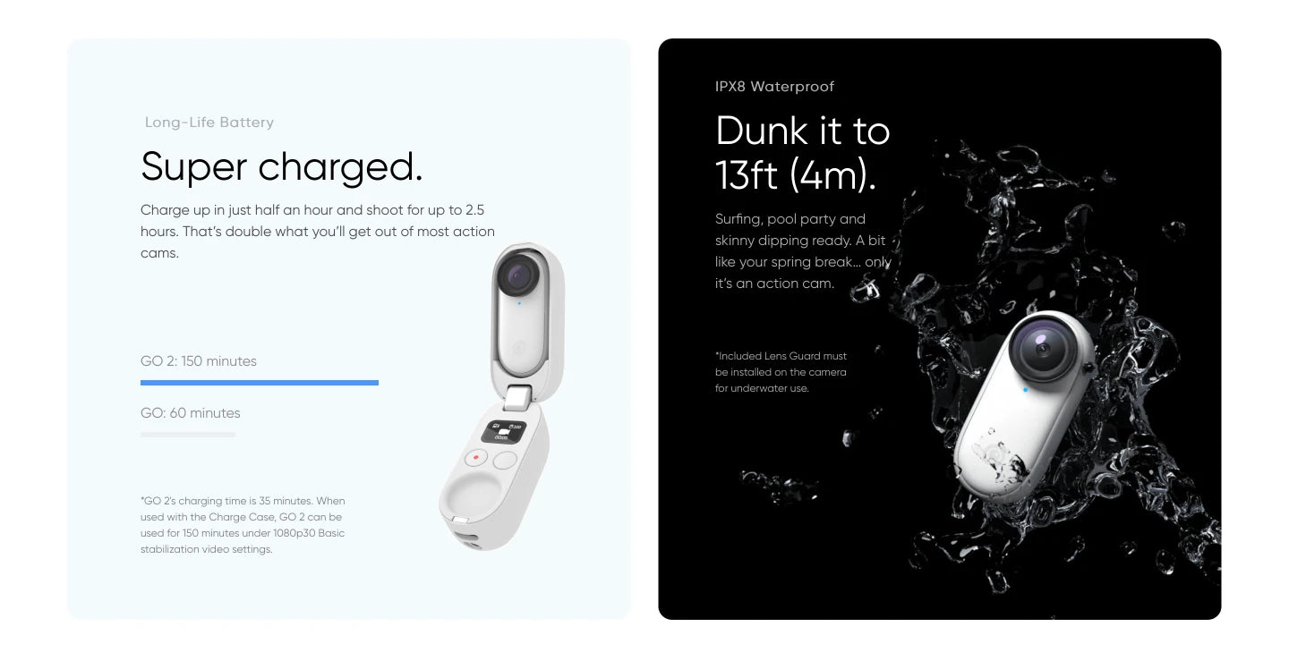 Insta360 GO Small Action Camera Light Weight Waterproof Stabilization POV Capture With Charge Case Wearable Camera Accessories 13 13ft (4m) long-life battery can be charged in half an hour .