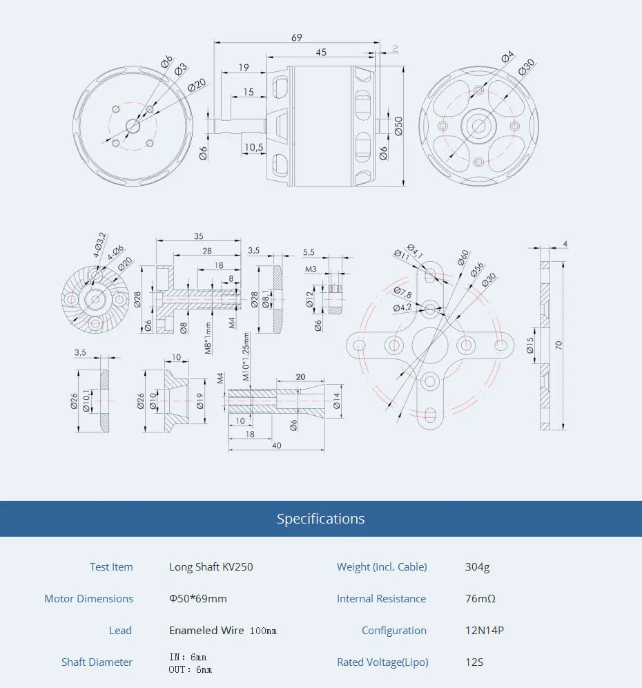 T-MOTOR AT4120 Long Shaft 250kv 500kv 560kv Max Thrust 6.7KG Brushless RC Airplane Electric Motor 15 T-MOTOR, 304g Motor Dimensions 050*69mm Interna Resistance 76m