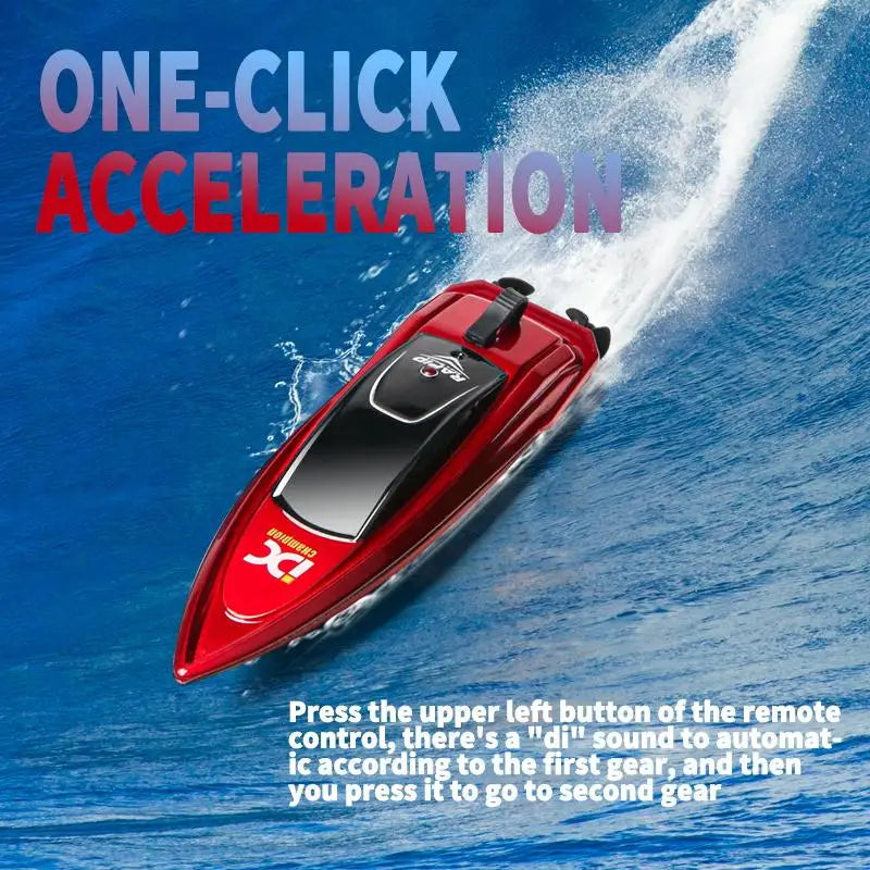 Mini RC Boat, Dual-motor RC boat with one-click acceleration, 2.4G remote, USB charging, LED lights, 12-minute runtime, and 20-meter range.