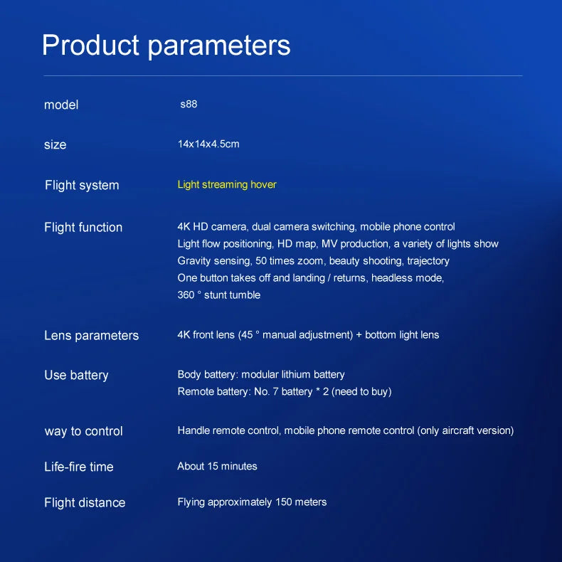 S88 Drone - 4K HD Dual Camera With FPV Optical Flow Positioning RC Helicopter Quadcopter 29 S88 Drone, scm flight system light streaming hover flight function 4k