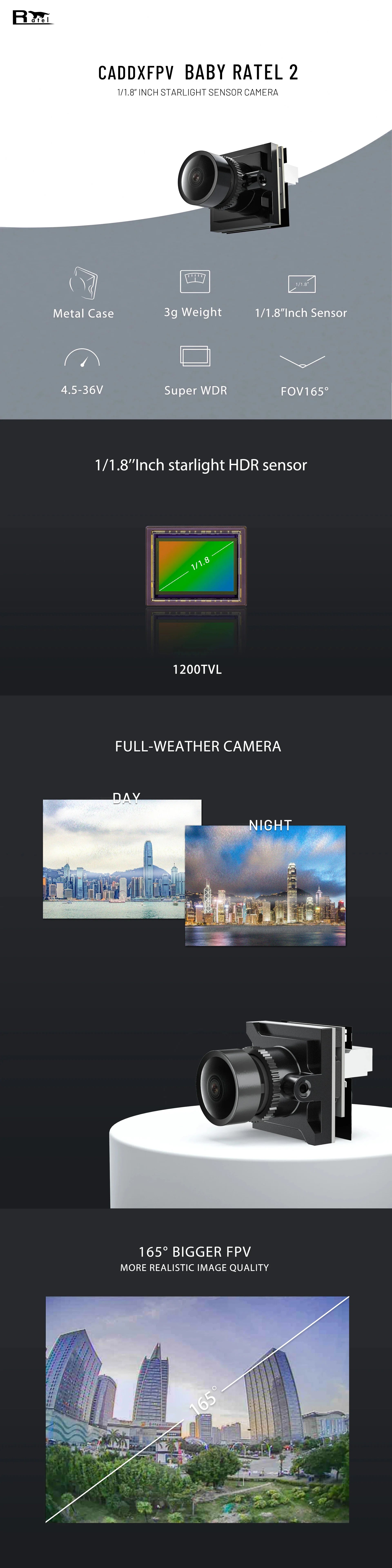 CaddxFPV Baby Ratel 2 nano size starlight low latency day and night freestyle Caddx FPV camera 7 1200TVL FULL-WEATHER CAMERA NIGHT 1650 BIGGER