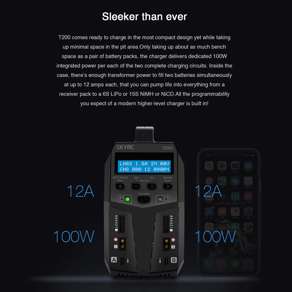 SKYRC T200 Dual AC/DC Balance Charger, skyrc's compact T200 charger takes up minimal space in the pit area .