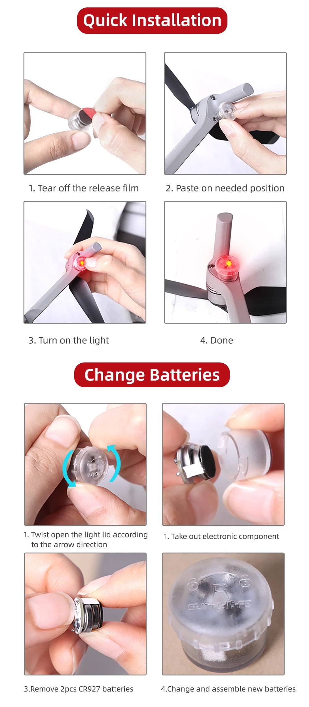 Head Eye Light For DJI MINI 2 Mavic Mini Se Head Flashing Light 44 CR927 batteries can be removed and reassembled . a new battery