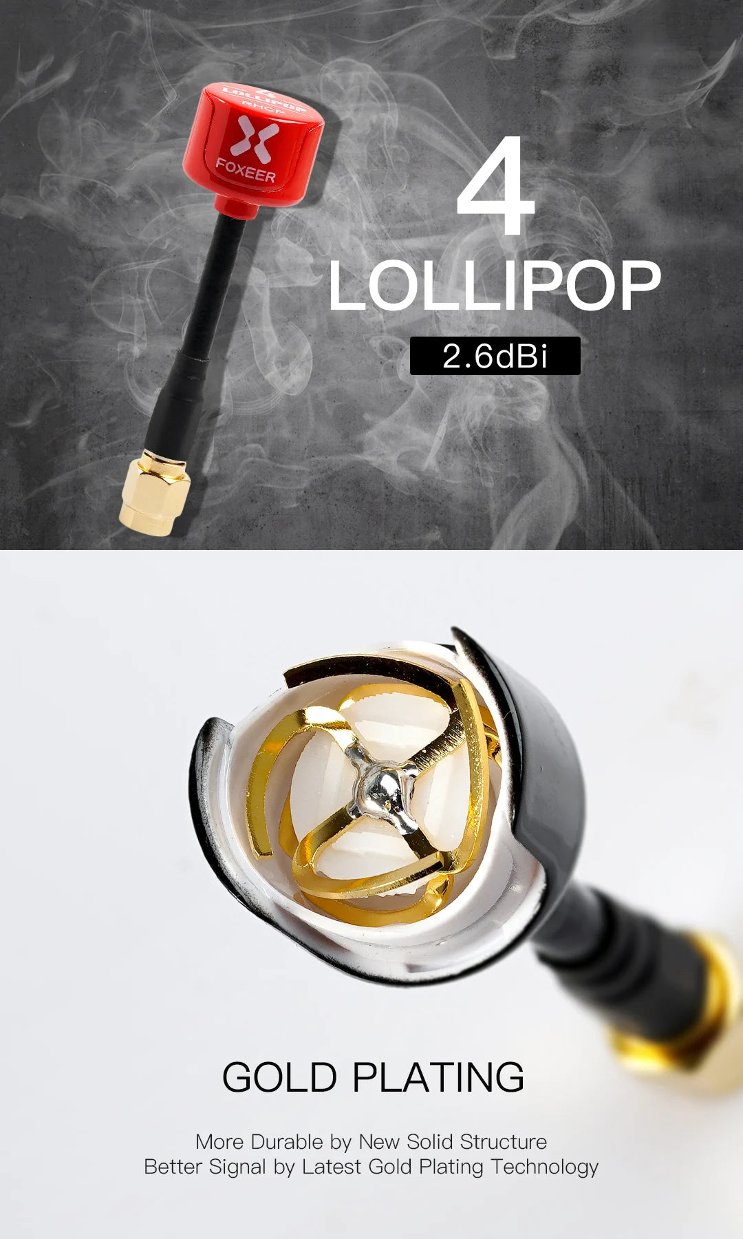 Foxeer Antenna, 4 LOLLIPOP 2.6dBi GOLD PLATING More Durable by New