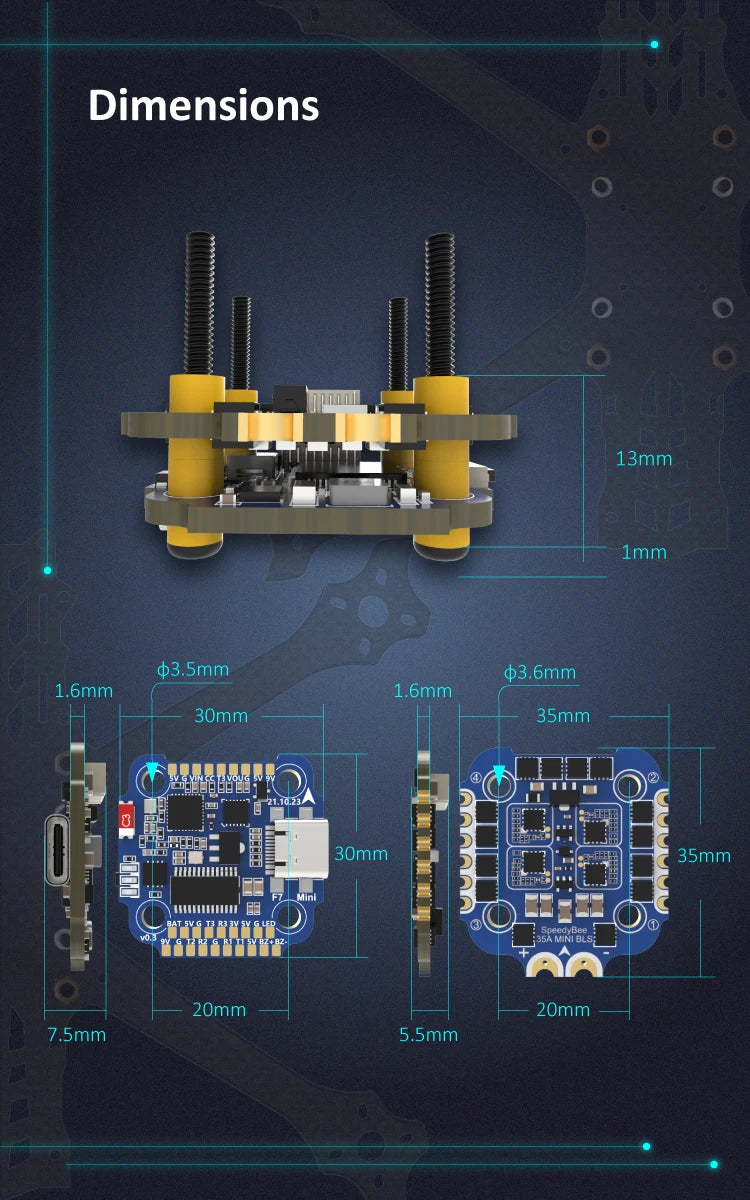 SpeedyBee F7 Stack, Soee0 bee 35minias 2 Omm 2Omm 7.Smm