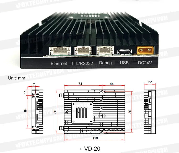 Foxtech VD-20 - 20km 4K 110MHz Long Range Wireless Data Video Link Transmitter and Receiver Transmission System 9 Foxtech VD-20, Ethernet TTLRS232 Debug USB DC24V Unit: mm Lnetet
