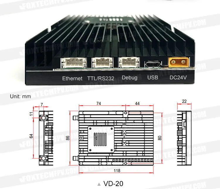 Foxtech VD-20, Ethernet TTLRS232 Debug USB DC24V Unit: mm Lnetet