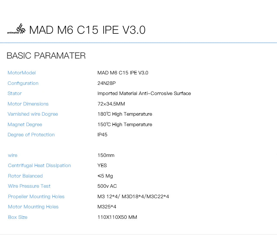 MAD M6C18 Drone Motor, MAD M6C15 IPE V3.0 motor with high temperature magnet degree and centrifugal heat dissipation.