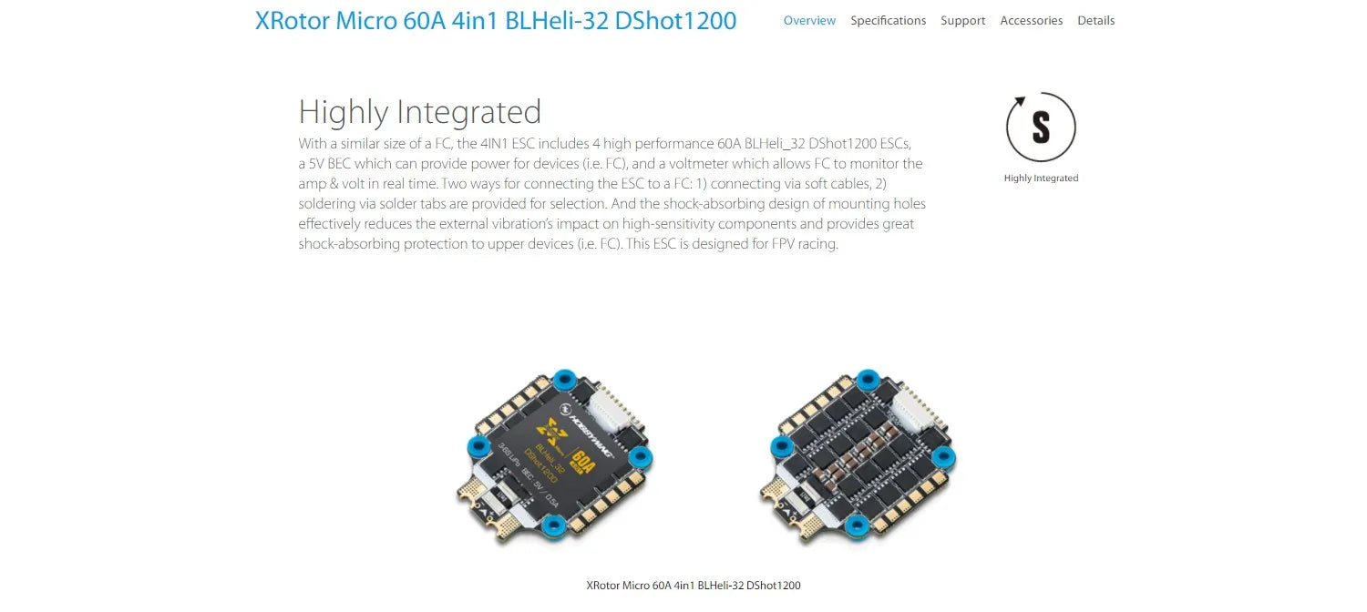 4in1 ESC includes 4 high performance 60A BLHeli_32 