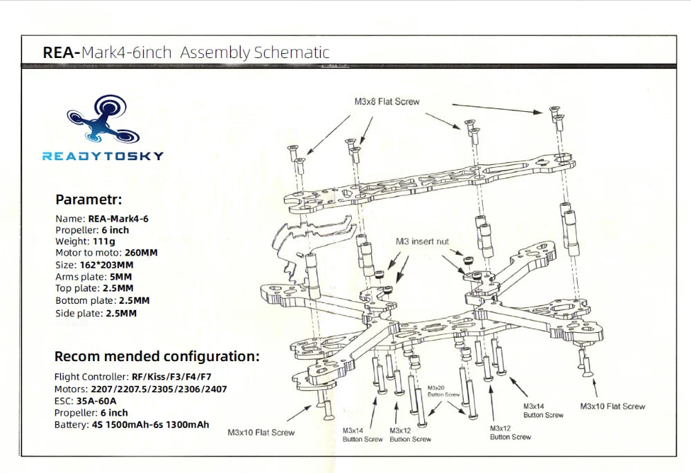 Mark4 5inch FPV Frame, REA-Mark4-6inch_Assembly Schematic M3x8 Flat