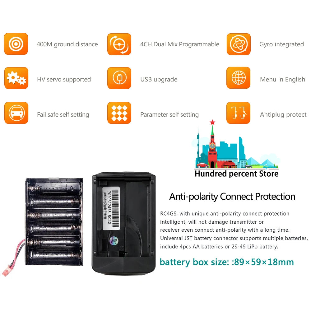 RadioLink RC4GS V3 - 2.4G 4CH 5CH 7CH 400M Distance Remote Controller Transmitter + R6Fg Gyro Inside Receiver for RC Car Boat V4V5 29 RadioLink RC4GS V3, 4OOM ground distance 4CH Dual Mix Programmable Gyro integrated HV serv