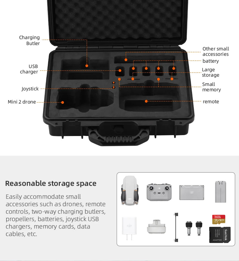 for DJI Mini 2 ABS Explosion-proof Box Hard shell Waterproof Box for Mavic Mini 2 Drone Accessories High Capacity Storage Case 9 Easily accommodate small accessories such as drones; remote controls, two-way charging butler