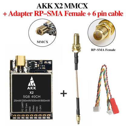 AKK X2P/X2 5.8Ghz 40CH VTX, AKK X2 MMCX Adapter RP-SMA Female + 6
