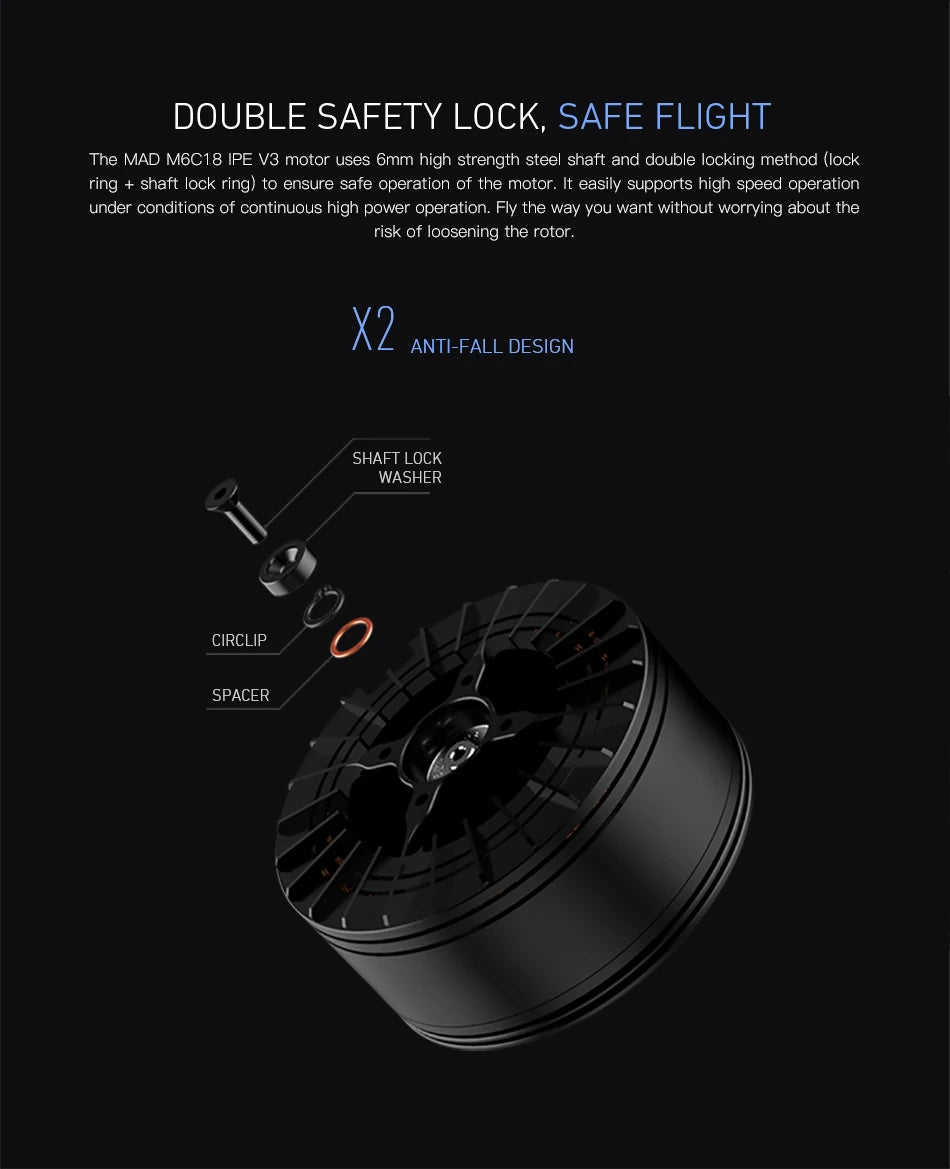 MAD M6C18 Drone Motor, Reliable MAD M6C18 IPE V3 motor with secure locking system for safe and worry-free flight.