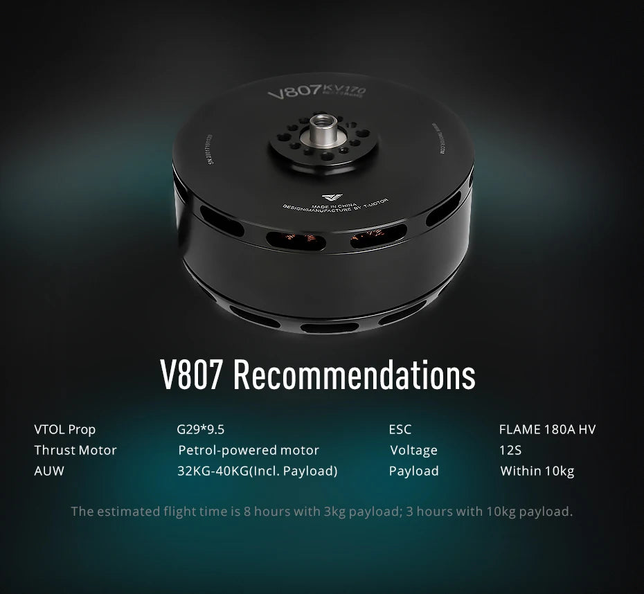 T-motor V807 KV170 Brushless Motor - Light Tidy motor MAX Power 6800W for Drone UAV Rotor Helicopter 10 T-motor, VTOL Prop G29*9.5 ESC FLAME 180A HV Thrust Motor
