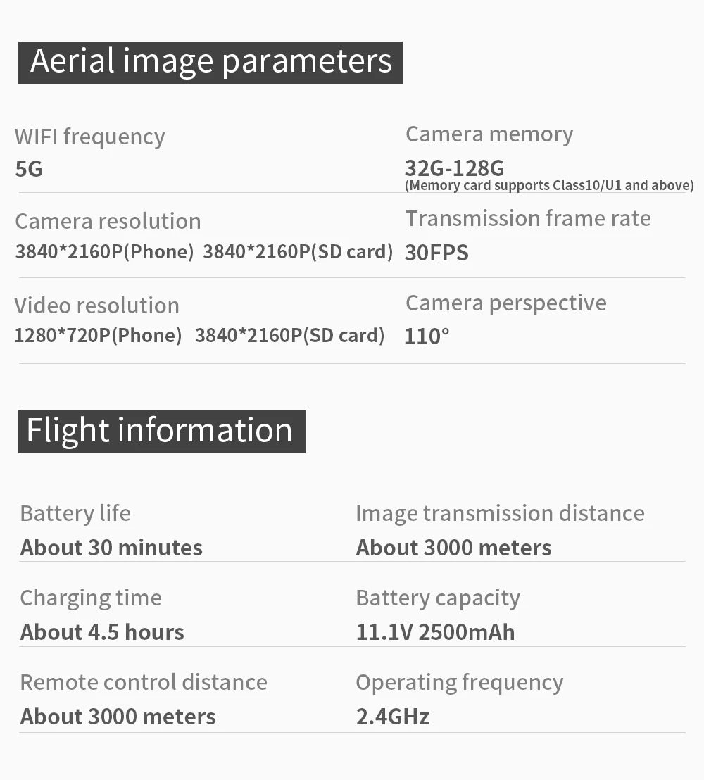 F11S PRO Drone, Camera memory 56 326-1286 (Memory card supports ClasslO/UI