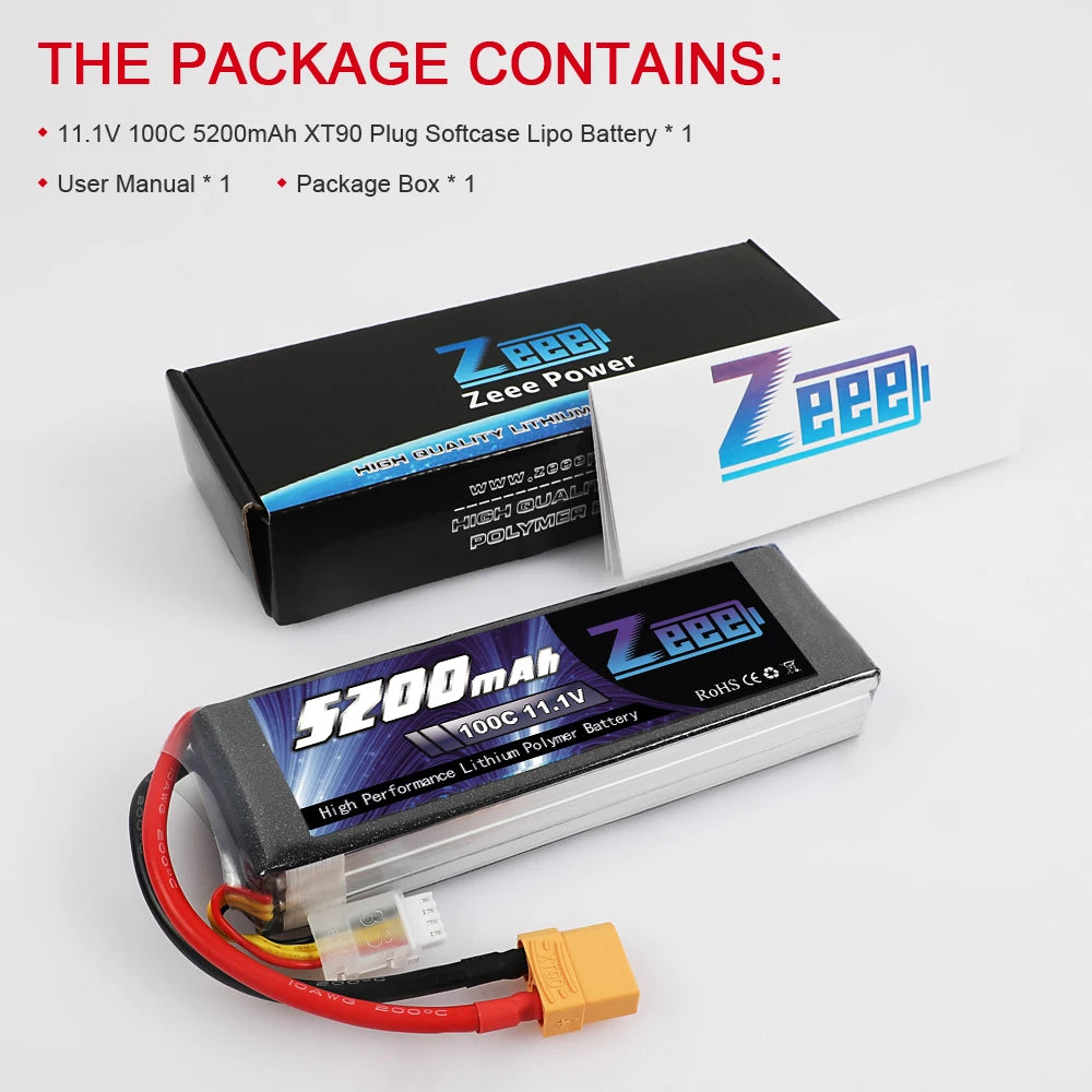 Zeee 5200mAh 100C 11.1V 3S Lipo Battery, 11.1V 1OOC 5200mAh XT9O Plug Softcase Lipo