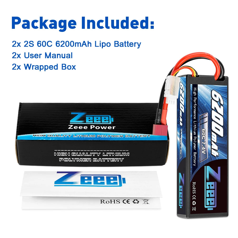 1/2units Zeee 7.4V 60C 6200mAh Lipo Battery, if lipo battery has any problem, feel free to contact us via Aliexpress message