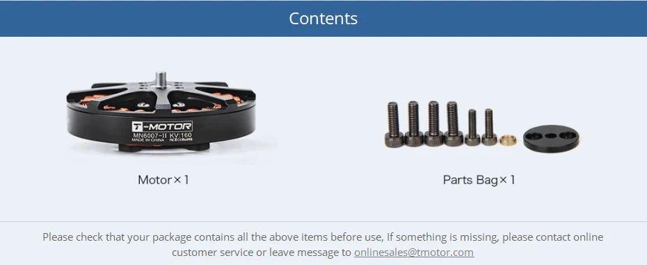 T-MOTOR MN6007II KV160 KV320 Brushless Motor - Max Thrust 6.5kg Long Flight Time Super Light Efficient For VTOL Drone 16 T-MOTOR, if something is missing, please contact online customer service or leave message t0 onlines