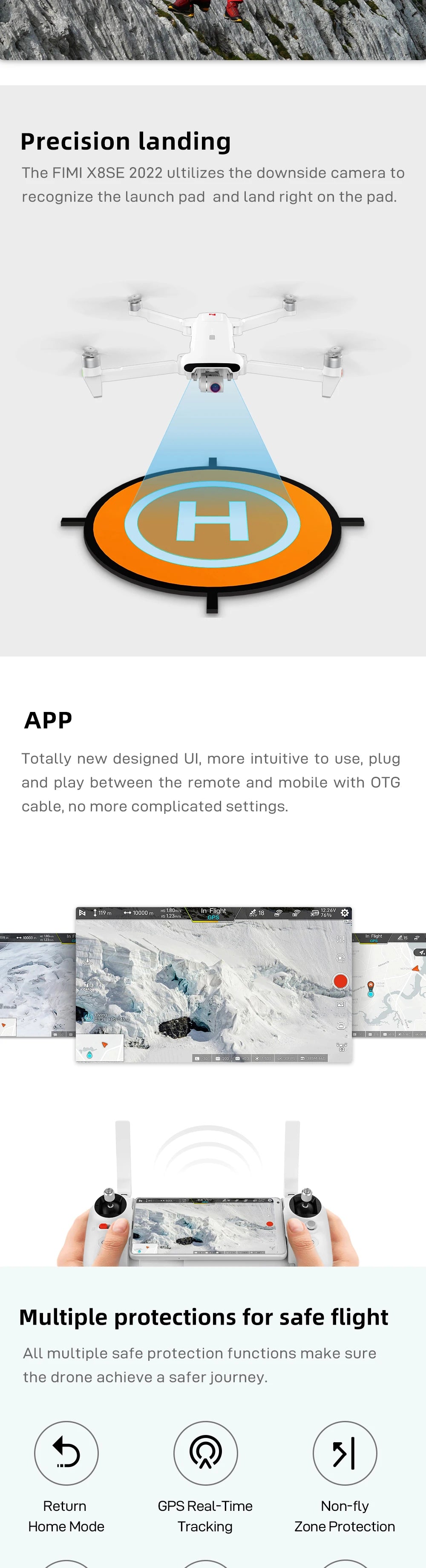 FIMI X8se 2022 V2 4K HD Camera Drone, FIMI X8SE 2022 ultilizes the downside camera to
