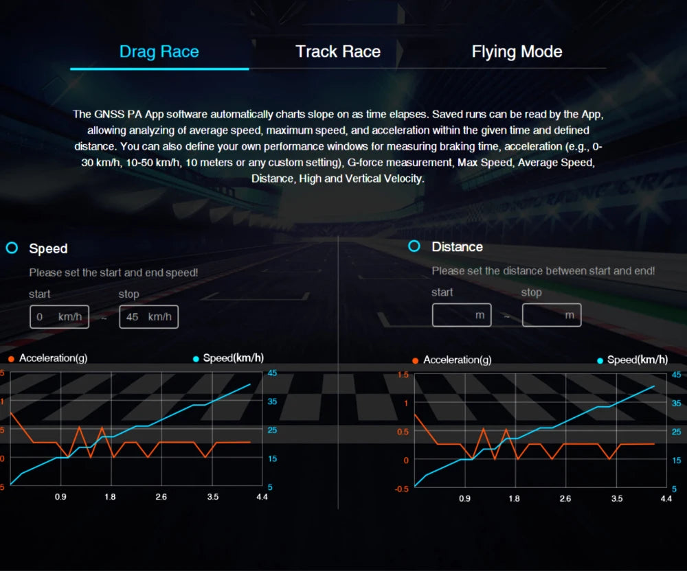 SKYRC GSM020 GNSS Performance Analyzer, Drag Race Track Race Flying Mode The GNSS PA App sottware automatically charts